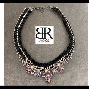 Banana Republic black Satin Rope & purple Crystal Rhinestone Necklace